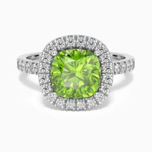 Cushion Cut Peridot Ring | Sterling Silver Halo Statement | Irosk ®