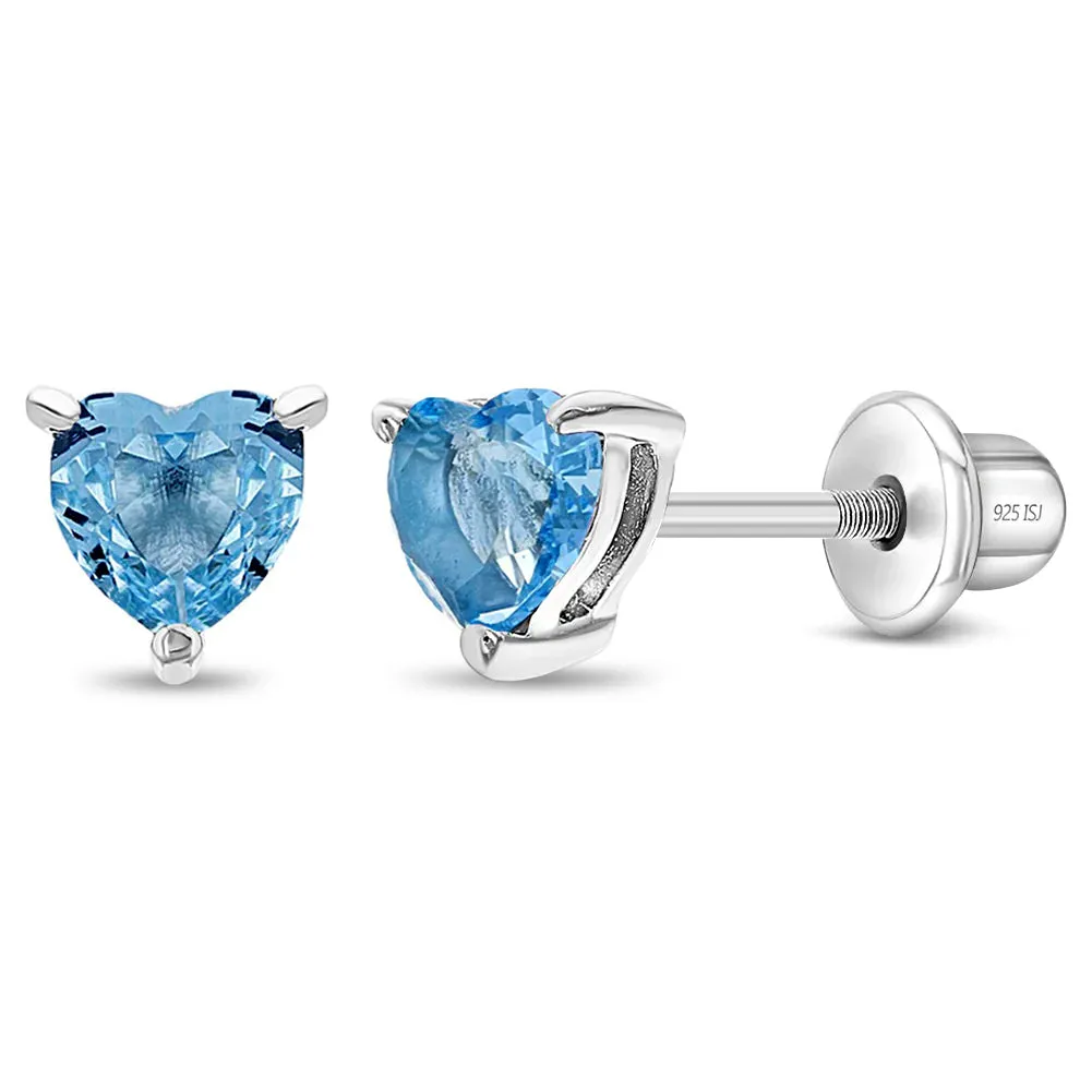 CZ Heart Solitaire 4mm Baby / Toddler / Kids Earrings Screw Back - Sterling Silver