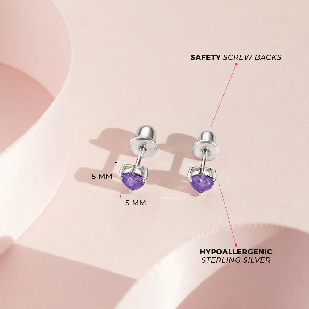CZ Heart Solitaire 4mm Baby / Toddler / Kids Earrings Screw Back - Sterling Silver