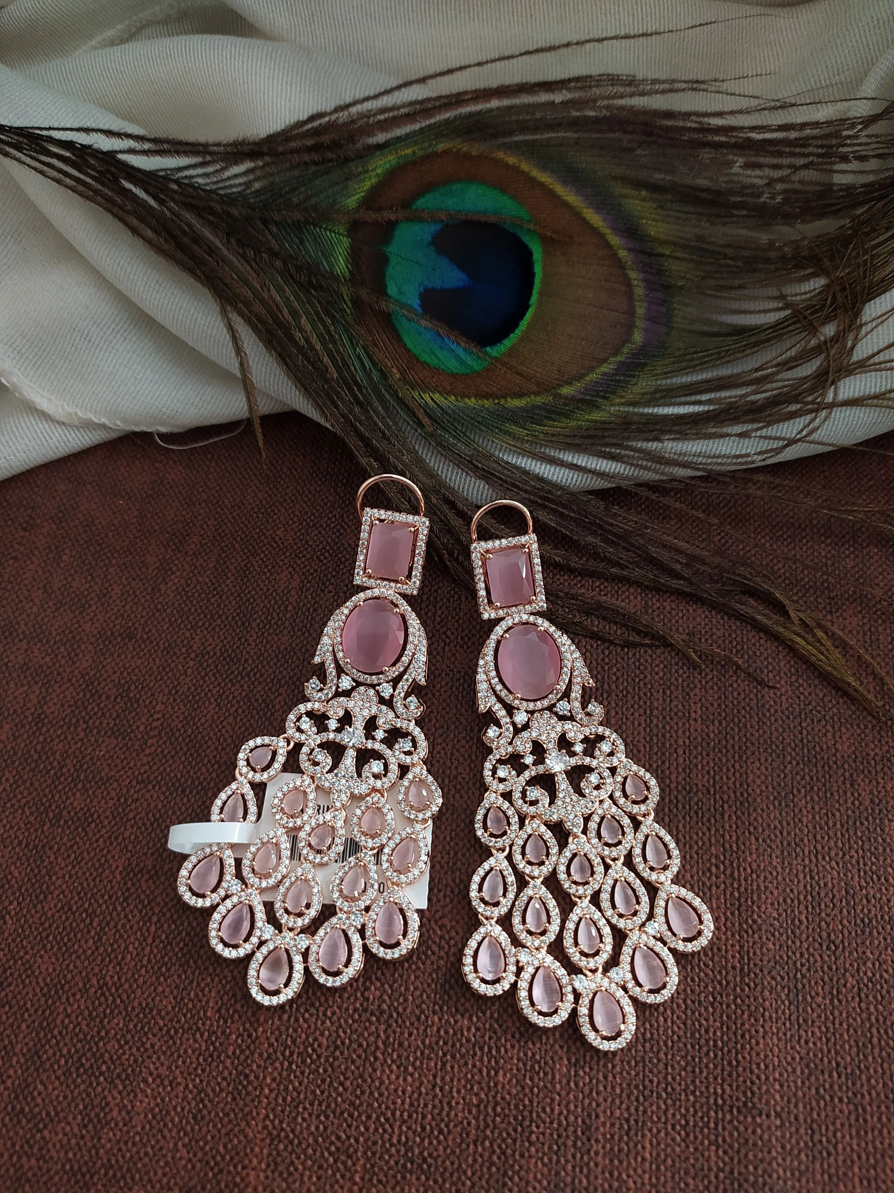 Dangling zircon earrings in rose gold finish ~ white, and baby pink