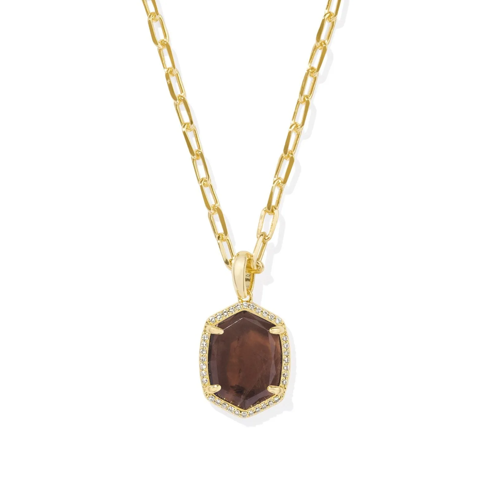 Daphne Pave Frame Short Pendant Necklace in Smoky Quartz