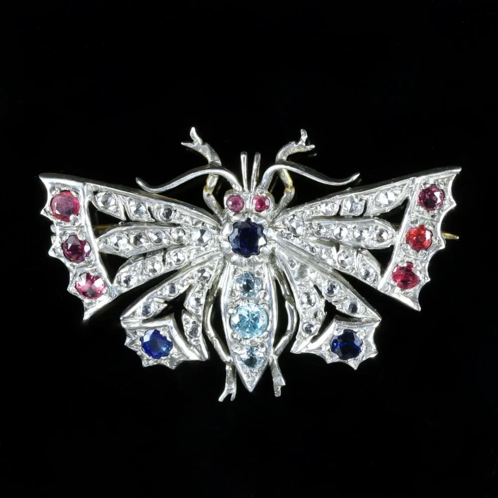 Diamond Sapphire Ruby Aquamarine Butterfly Brooch