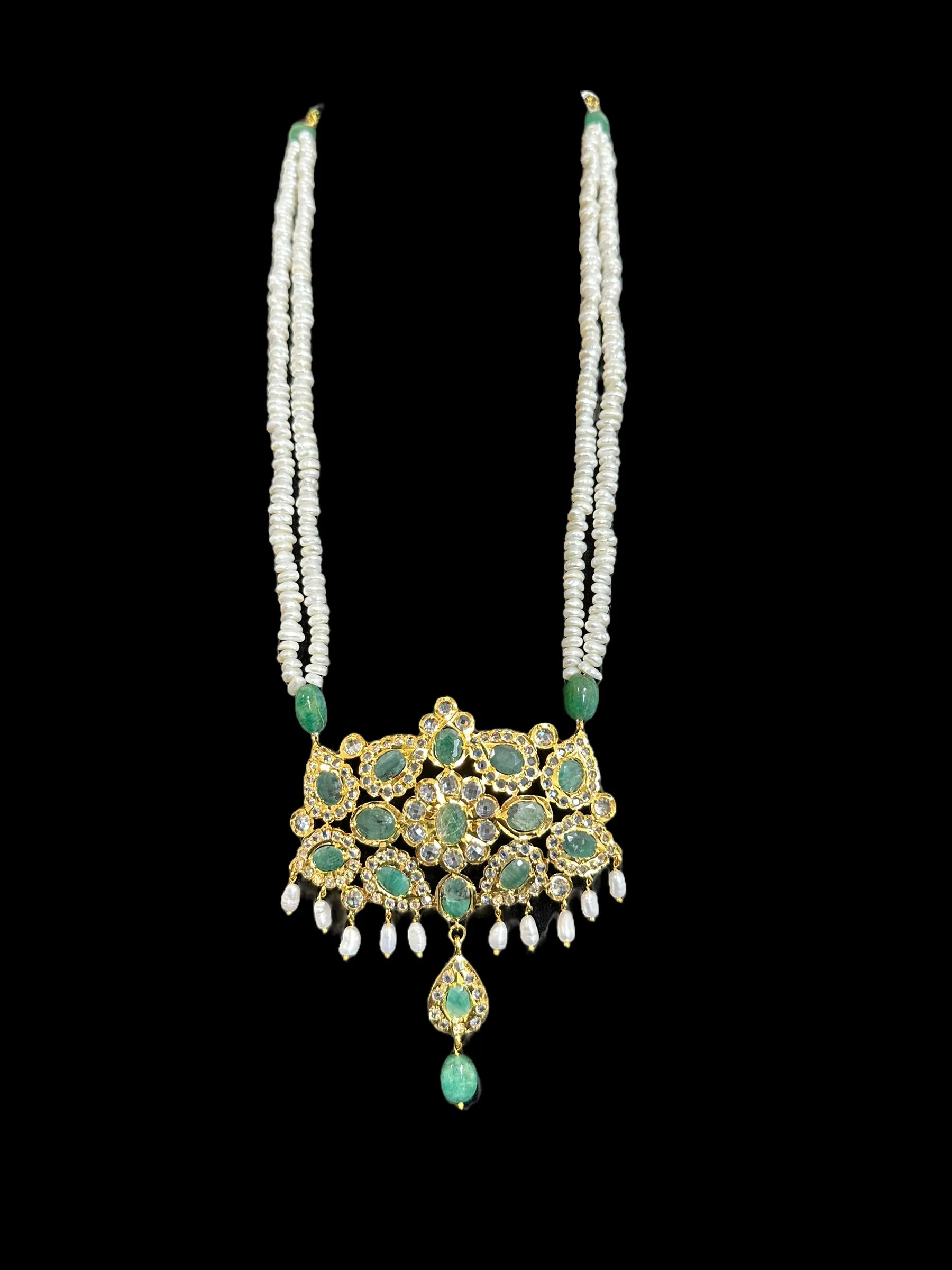 DLN35 Gold plated long necklace with emeralds and pearls ; READY TO SHIP )