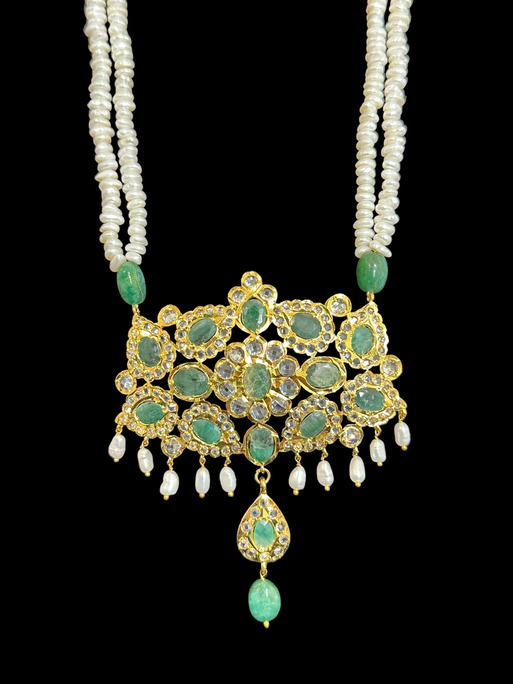 DLN35 Gold plated long necklace with emeralds and pearls ; READY TO SHIP )