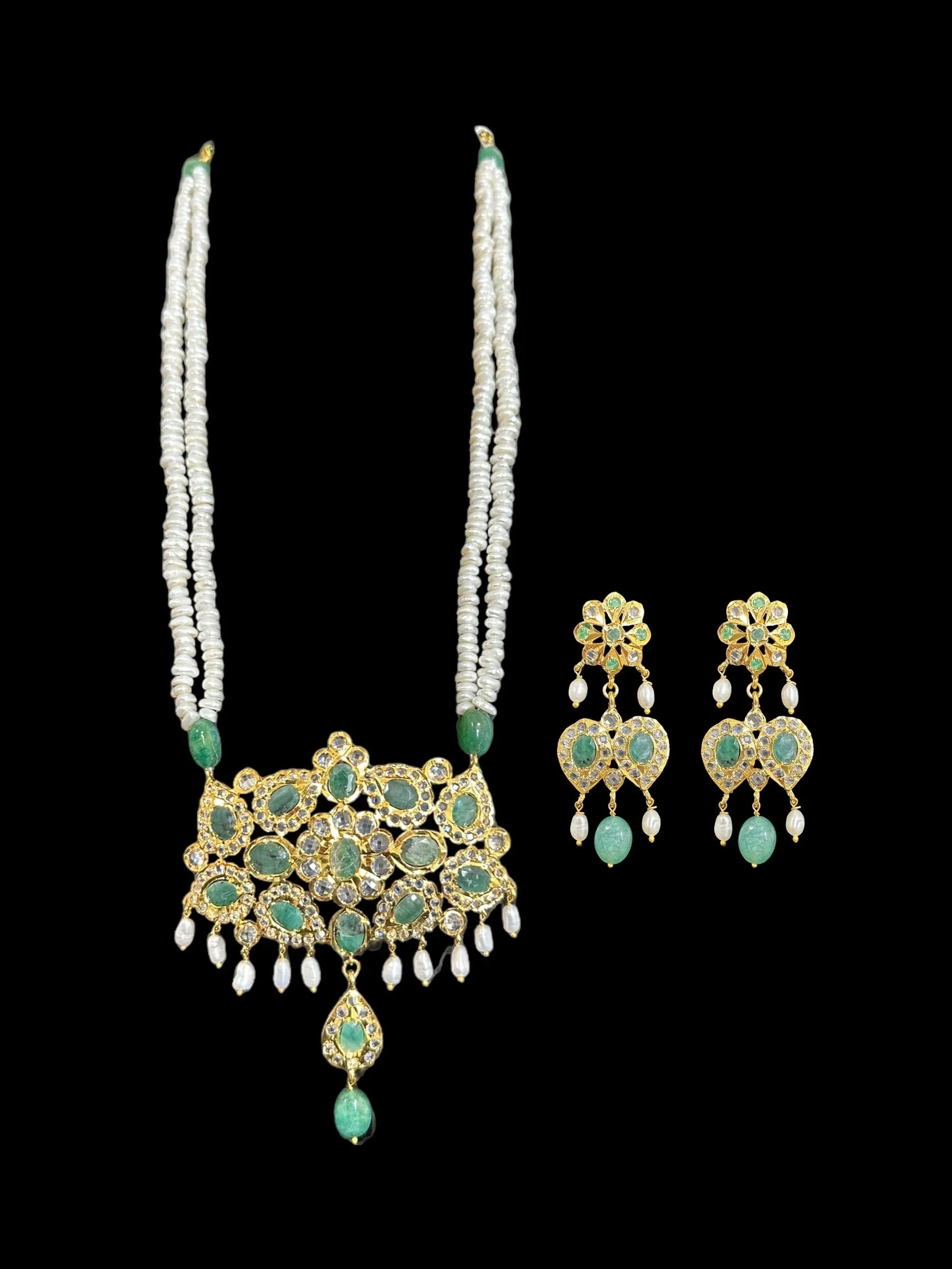 DLN35 Gold plated long necklace with emeralds and pearls ; READY TO SHIP )