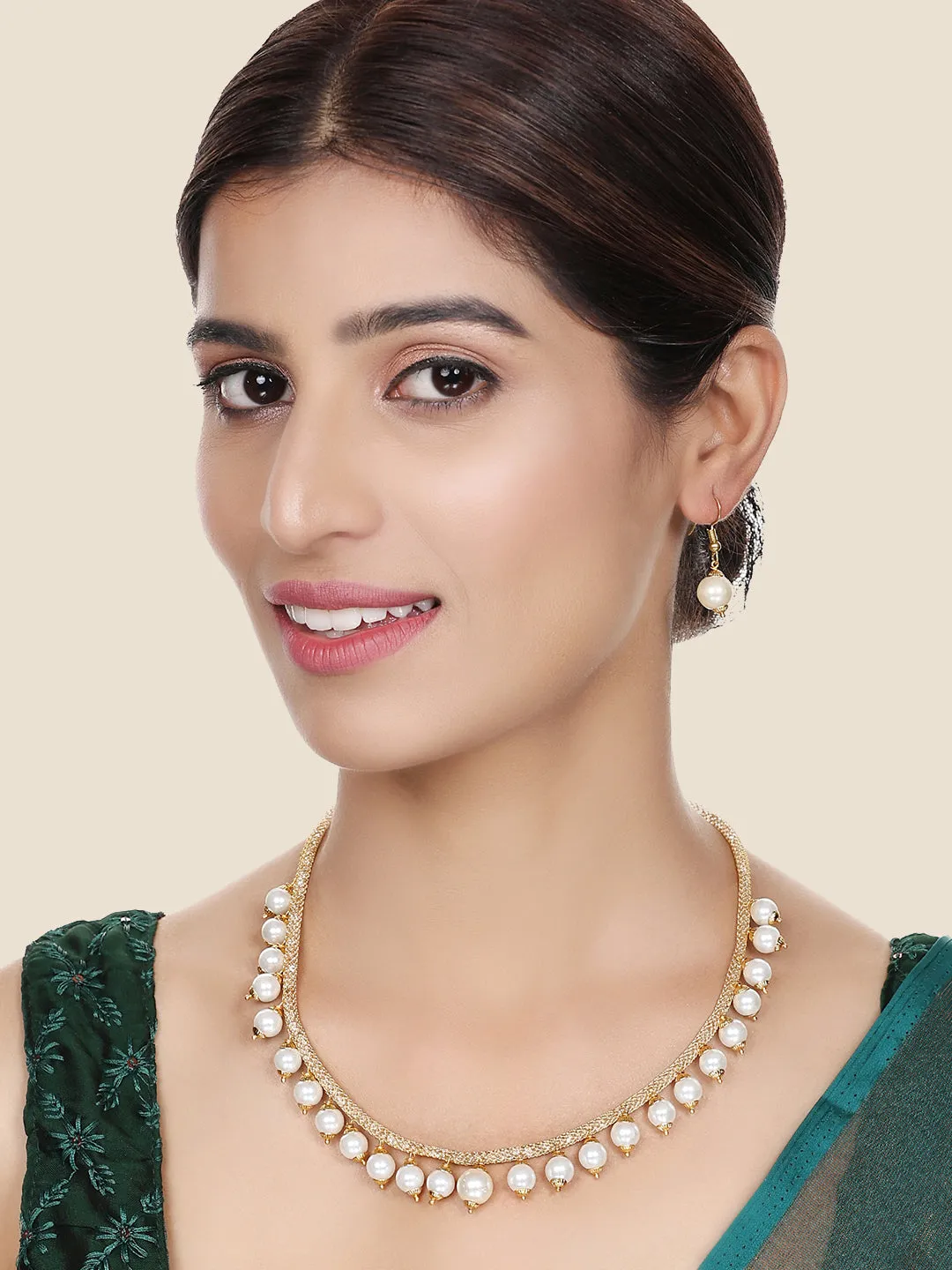 Elegant Pearl And Ad Stone Sleek Off White Jewellery Set - Anikas Creation