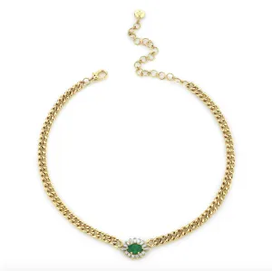 EMERALD & DIAMOND EVIL EYE MINI LINK NECKLACE