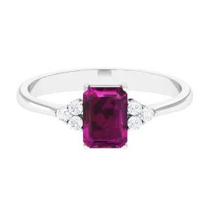 Emerald Cut Rhodolite Solitaire Engagement Ring with Diamond Trio