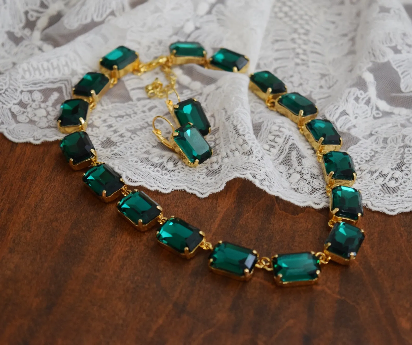 Emerald Green Aurora Crystal Collet Necklace - Large Octagon