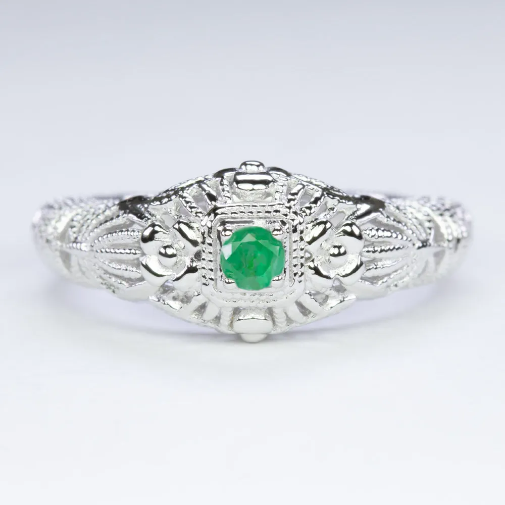 EMERALD VINTAGE STYLE COCKTAIL RING STERLING SILVER FILIGREE DAINTY ROUND GREEN