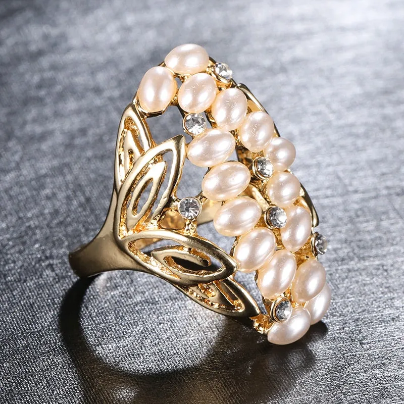 Fashion Jewelry Leaf Pearl Ring For Women with Zircon in Gold Color