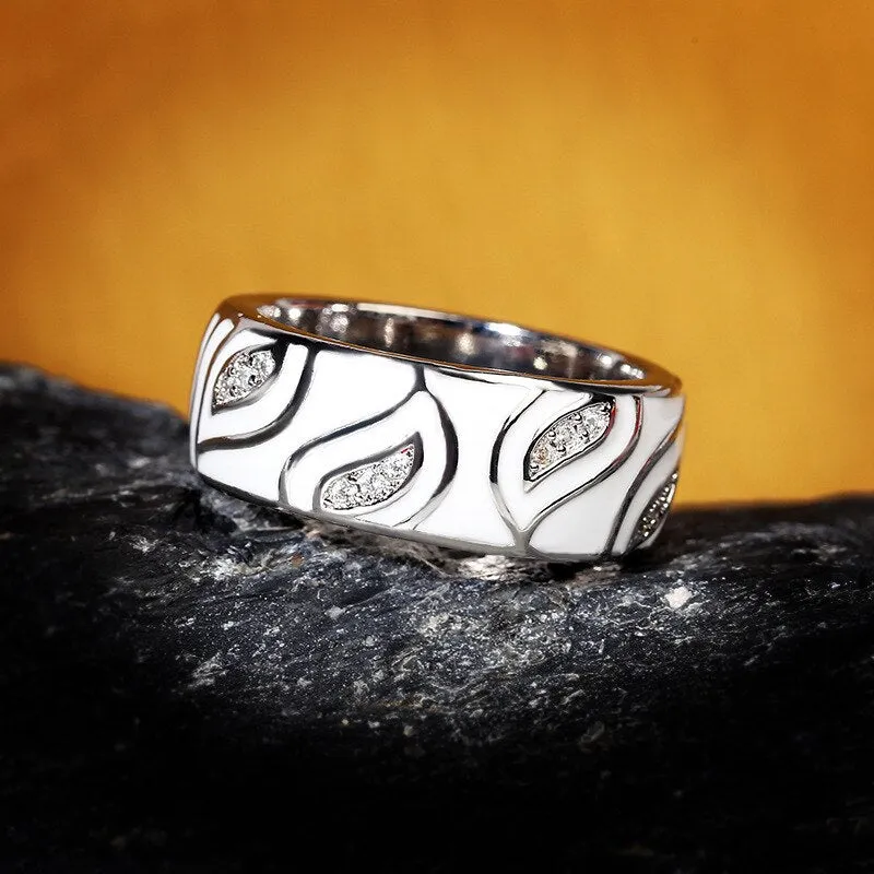 Fashion Jewelry White Leaves Enamel Band Ring with Zircon in 925 Sterling Silver