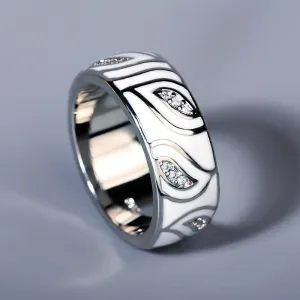 Fashion Jewelry White Leaves Enamel Band Ring with Zircon in 925 Sterling Silver