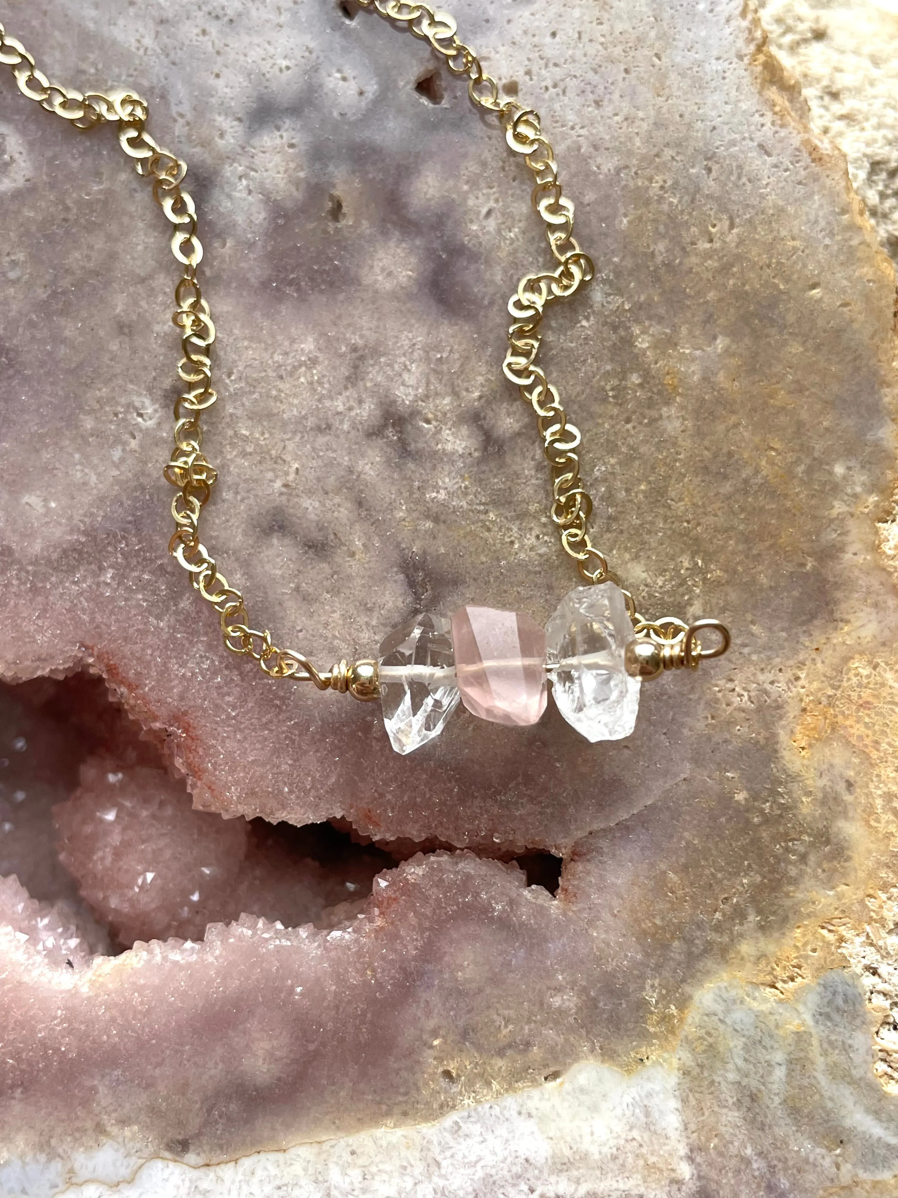 Feminine Crystal Necklace- Herkimer Diamond - Rose Quartz- Clear Quartz