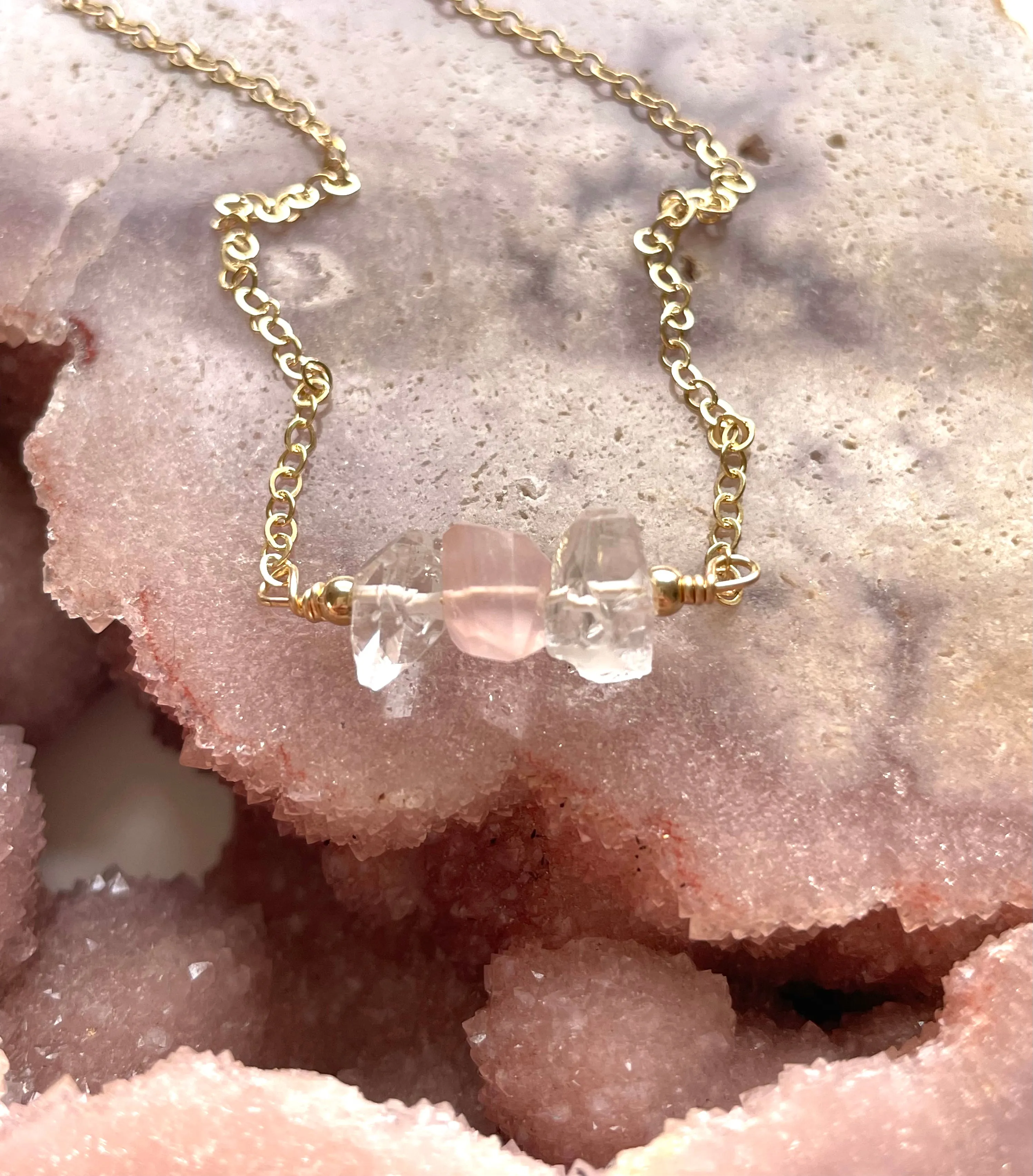 Feminine Crystal Necklace- Herkimer Diamond - Rose Quartz- Clear Quartz