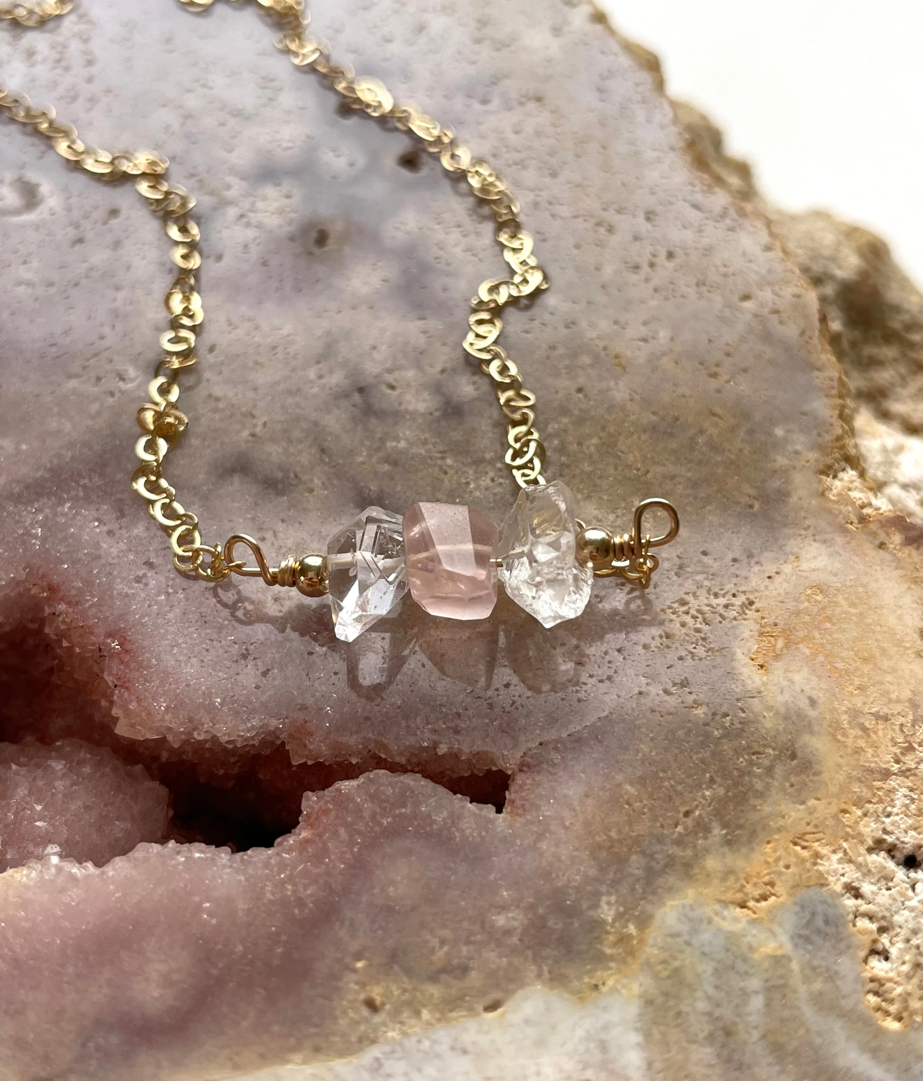 Feminine Crystal Necklace- Herkimer Diamond - Rose Quartz- Clear Quartz