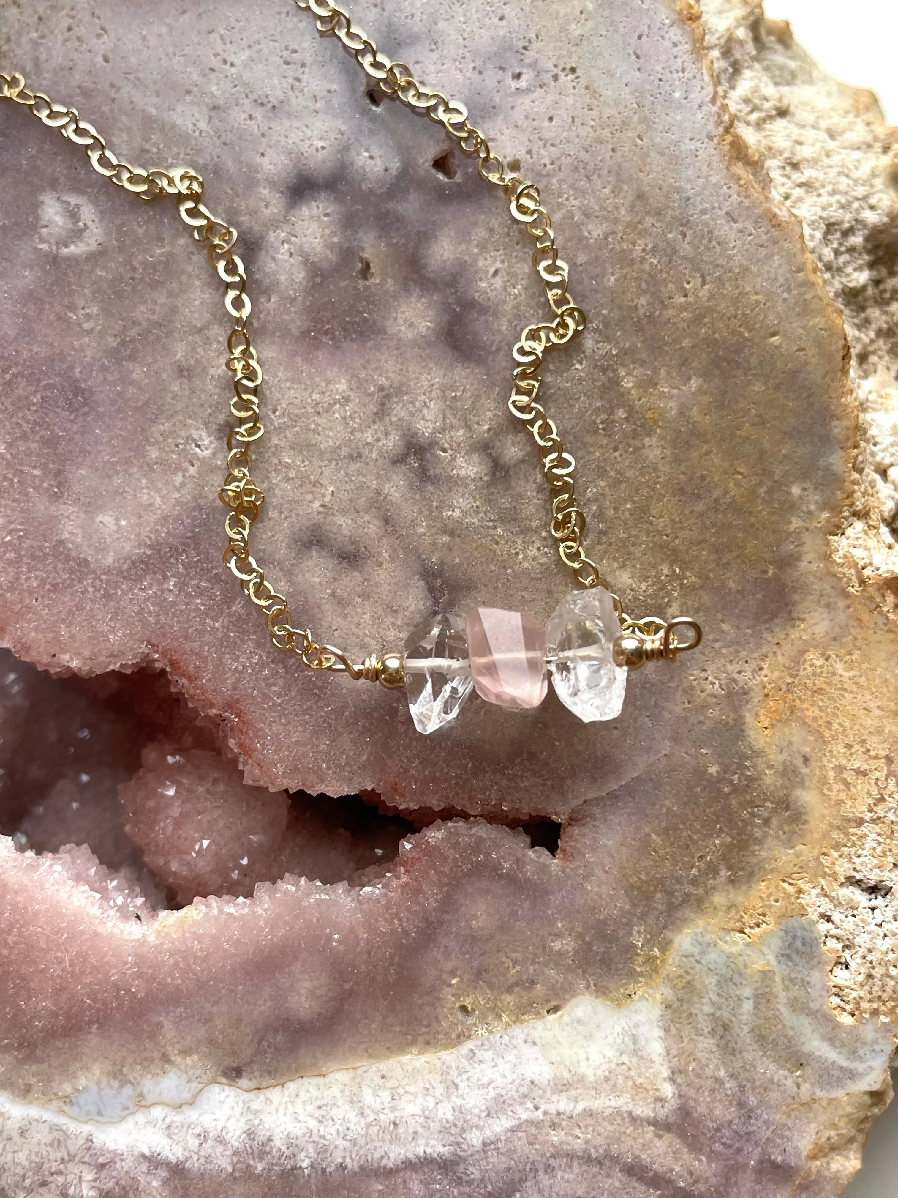 Feminine Crystal Necklace- Herkimer Diamond - Rose Quartz- Clear Quartz