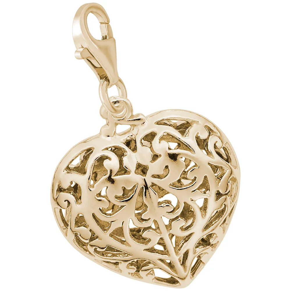 Filigree Heart Charm In Yellow Gold