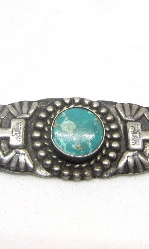 FRED HARVEY ERA 1930s Coin Silver & Turquoise Stamped Bar Brooch