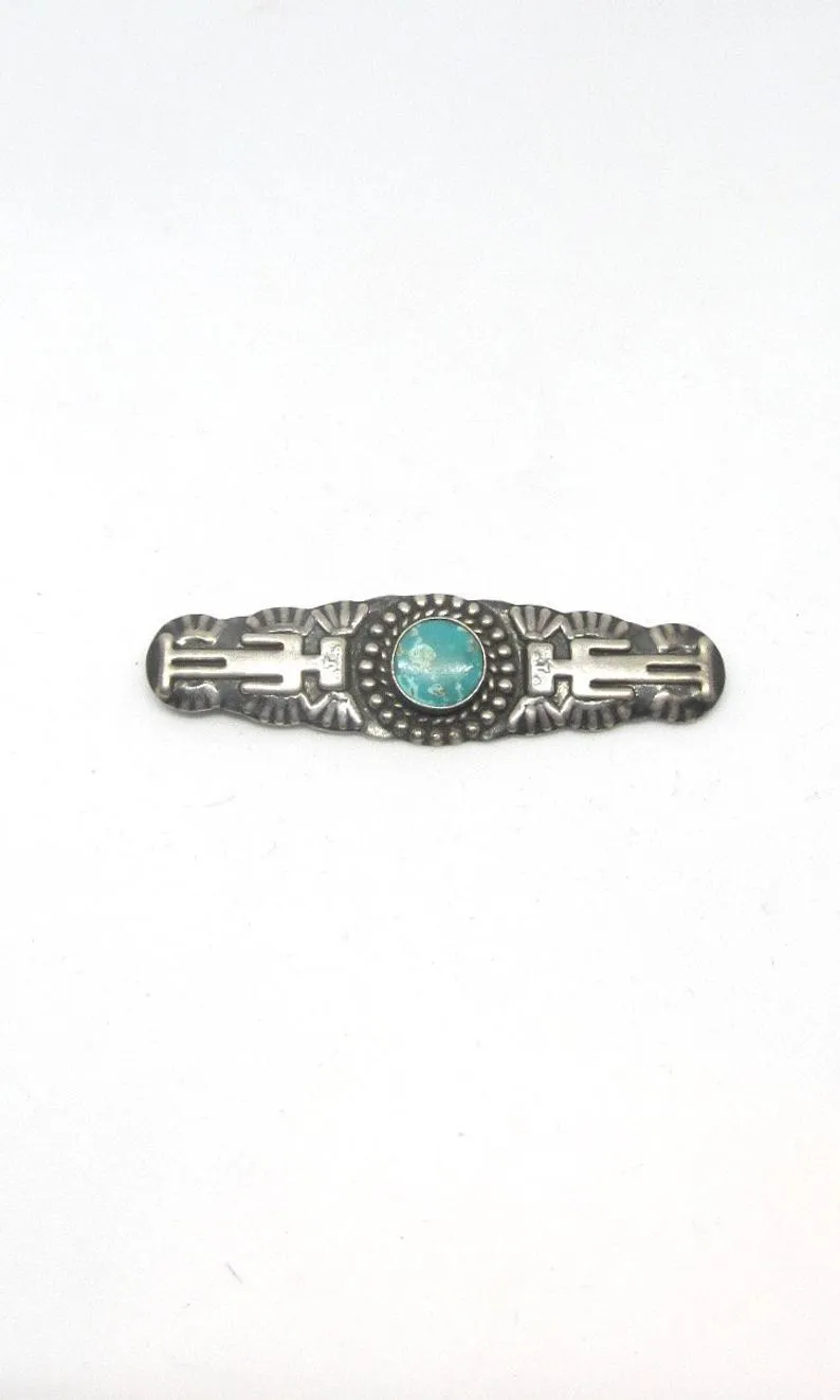 FRED HARVEY ERA 1930s Coin Silver & Turquoise Stamped Bar Brooch