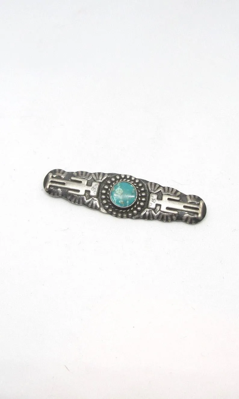 FRED HARVEY ERA 1930s Coin Silver & Turquoise Stamped Bar Brooch