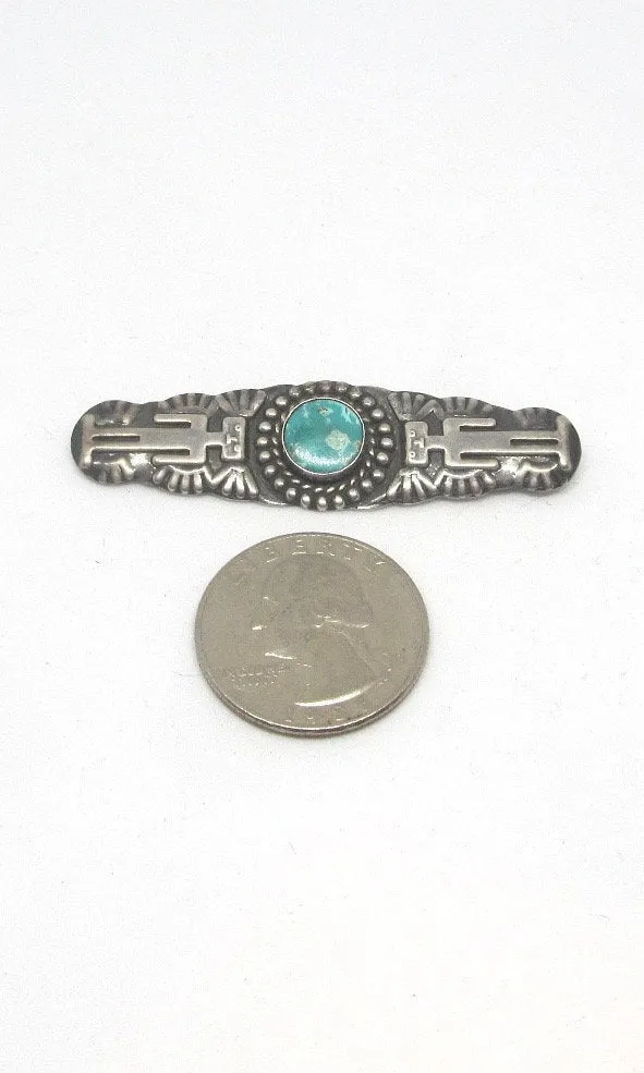 FRED HARVEY ERA 1930s Coin Silver & Turquoise Stamped Bar Brooch