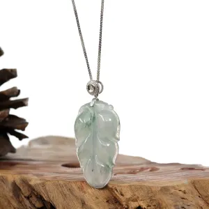 Genuine Ice Jadeite Jade Jin Zhi Yu Ye (Leaf) Necklace With White Gold Diamond Bail