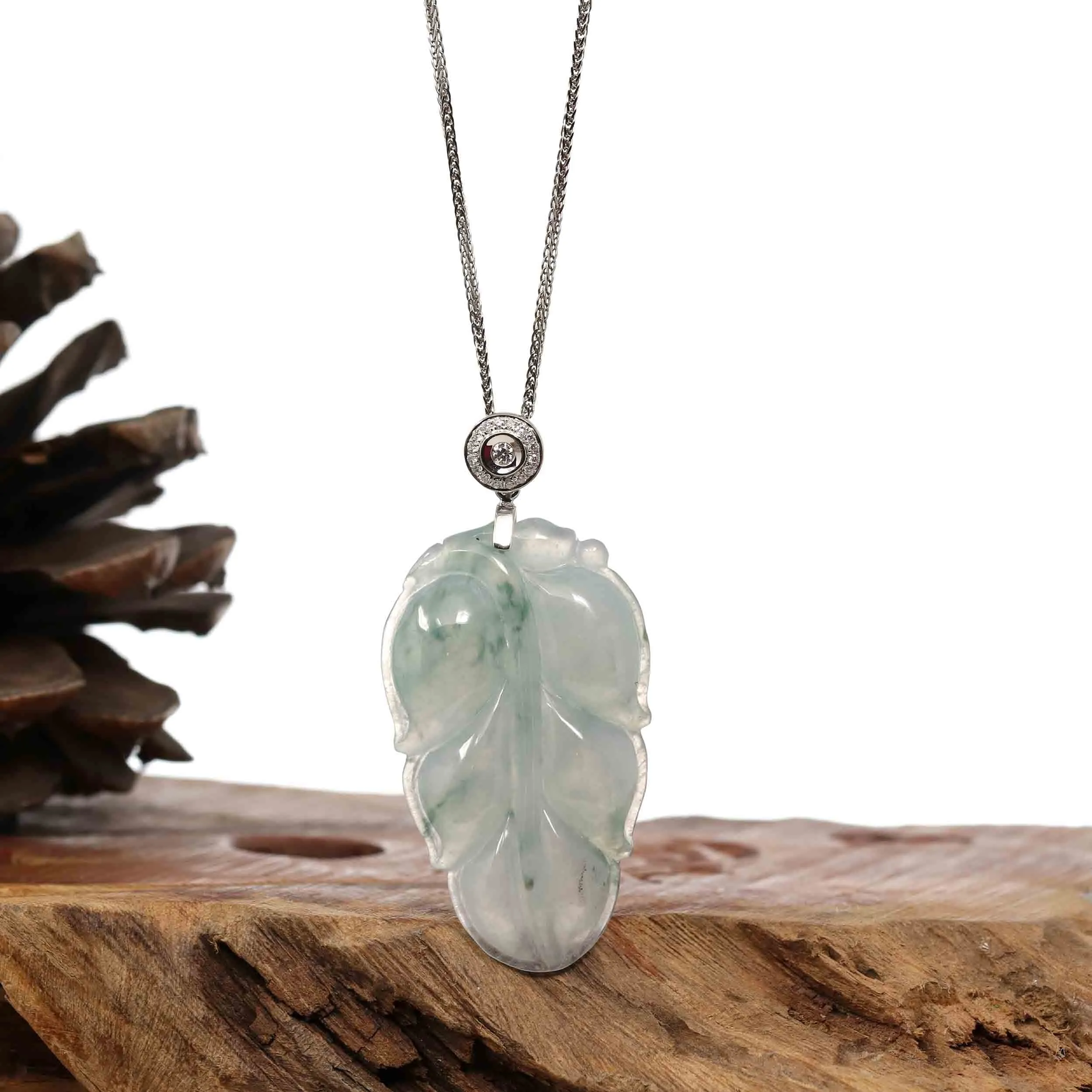 Genuine Ice Jadeite Jade Jin Zhi Yu Ye (Leaf) Necklace With White Gold Diamond Bail