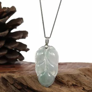 Genuine Ice Jadeite Jade Jin Zhi Yu Ye (Leaf) Necklace With White Gold VSI Diamond Bail