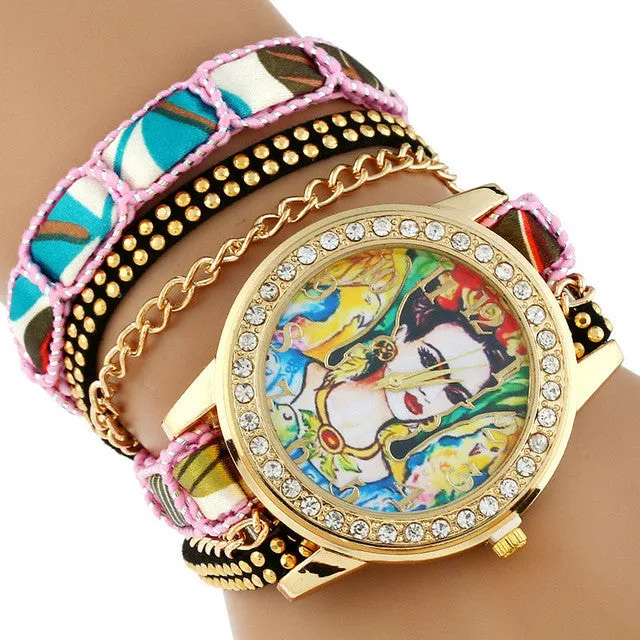 Gnova Platinum TOP Large Strap BIG Dial Ethnic lace mexican Rhinestone Frida Parrots Fashion woman wristwatch bracelet watch