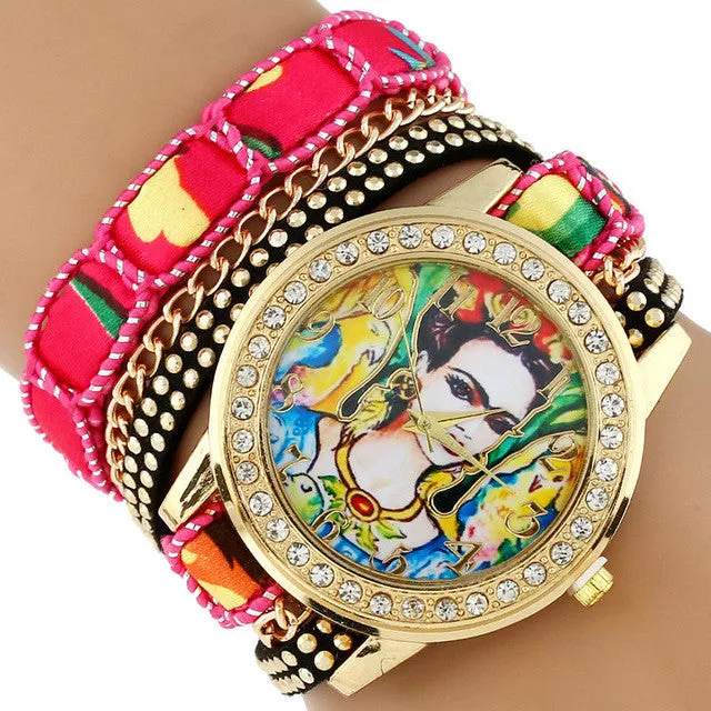 Gnova Platinum TOP Large Strap BIG Dial Ethnic lace mexican Rhinestone Frida Parrots Fashion woman wristwatch bracelet watch