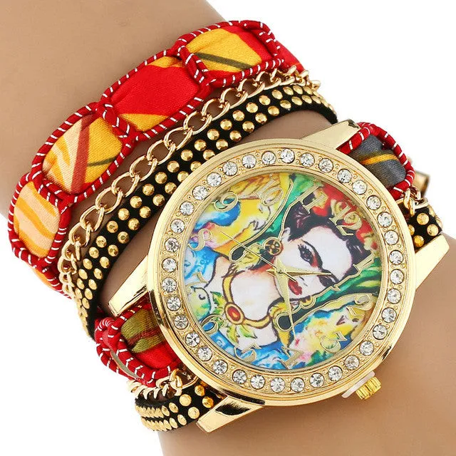 Gnova Platinum TOP Large Strap BIG Dial Ethnic lace mexican Rhinestone Frida Parrots Fashion woman wristwatch bracelet watch