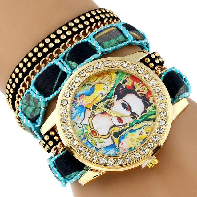 Gnova Platinum TOP Large Strap BIG Dial Ethnic lace mexican Rhinestone Frida Parrots Fashion woman wristwatch bracelet watch