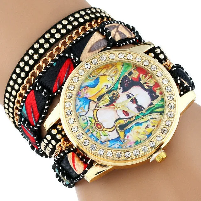 Gnova Platinum TOP Large Strap BIG Dial Ethnic lace mexican Rhinestone Frida Parrots Fashion woman wristwatch bracelet watch