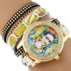 Gnova Platinum TOP Large Strap BIG Dial Ethnic lace mexican Rhinestone Frida Parrots Fashion woman wristwatch bracelet watch