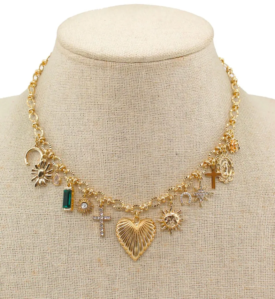 Gold Heart, Cross, and Emerald Crystal Charm 16"-18" Necklace