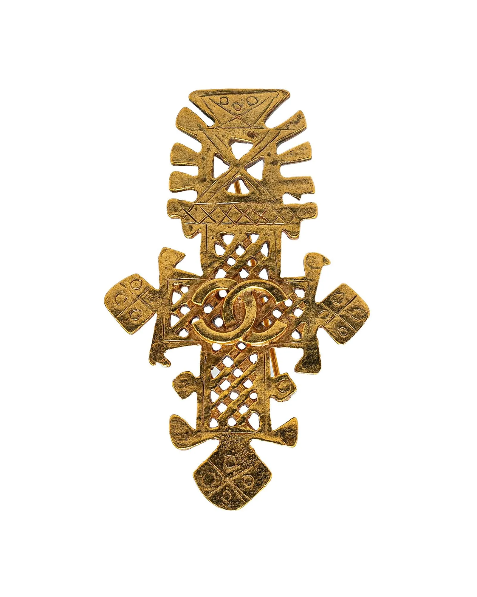 Gold Plated CC Cross Brooch Pin