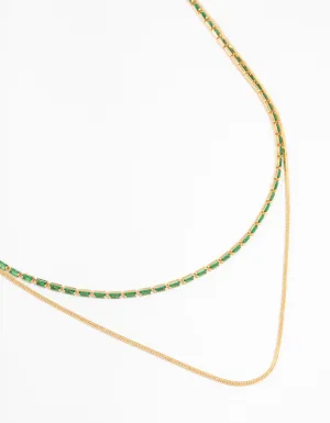 Gold Plated Cubic Zirconia Emerald Baguette Dainty Layered Necklace