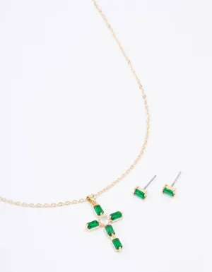 Gold Plated Emerald Cross Jewellery Set