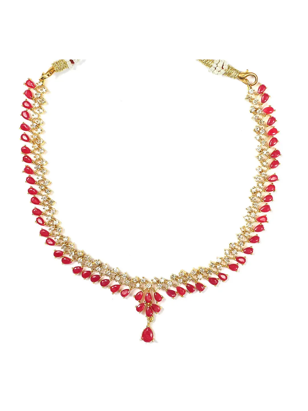 Gold Plated Ruby American Diamond Studded Sleek Necklace | Shop Now!