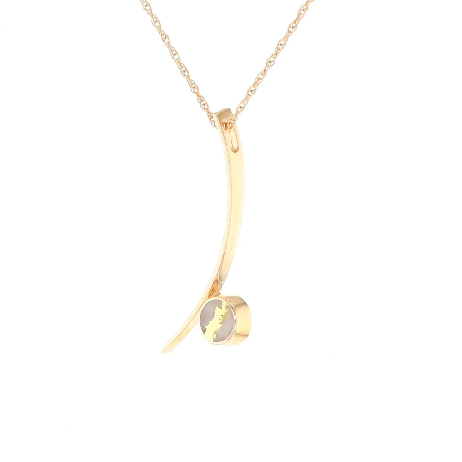 Gold Quartz Necklace Round Inlay Curved Bar Design Pendant