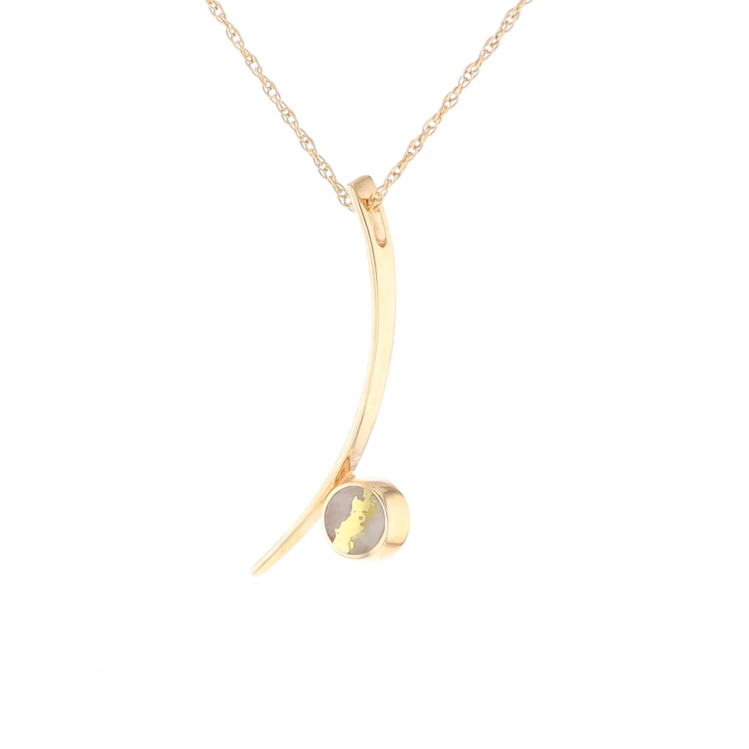 Gold Quartz Necklace Round Inlay Curved Bar Design Pendant