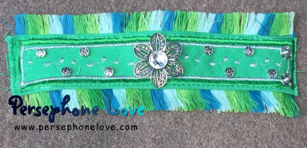 Green silver embroidered beaded upcycled denim bracelet filigree flower charm fringe-1140