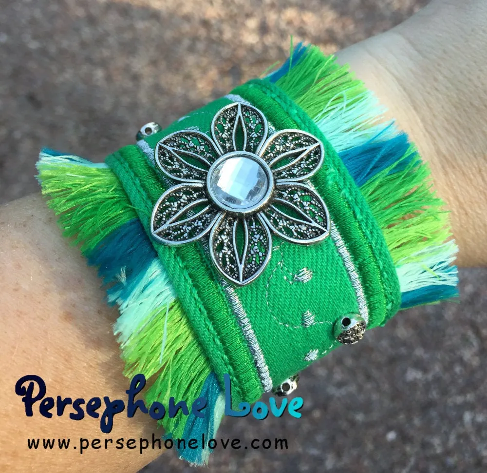 Green silver embroidered beaded upcycled denim bracelet filigree flower charm fringe-1140