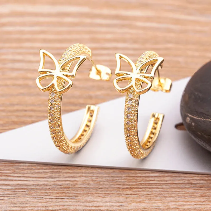 Impeccable Zircon Adorned Butterfly Hoop Earrings