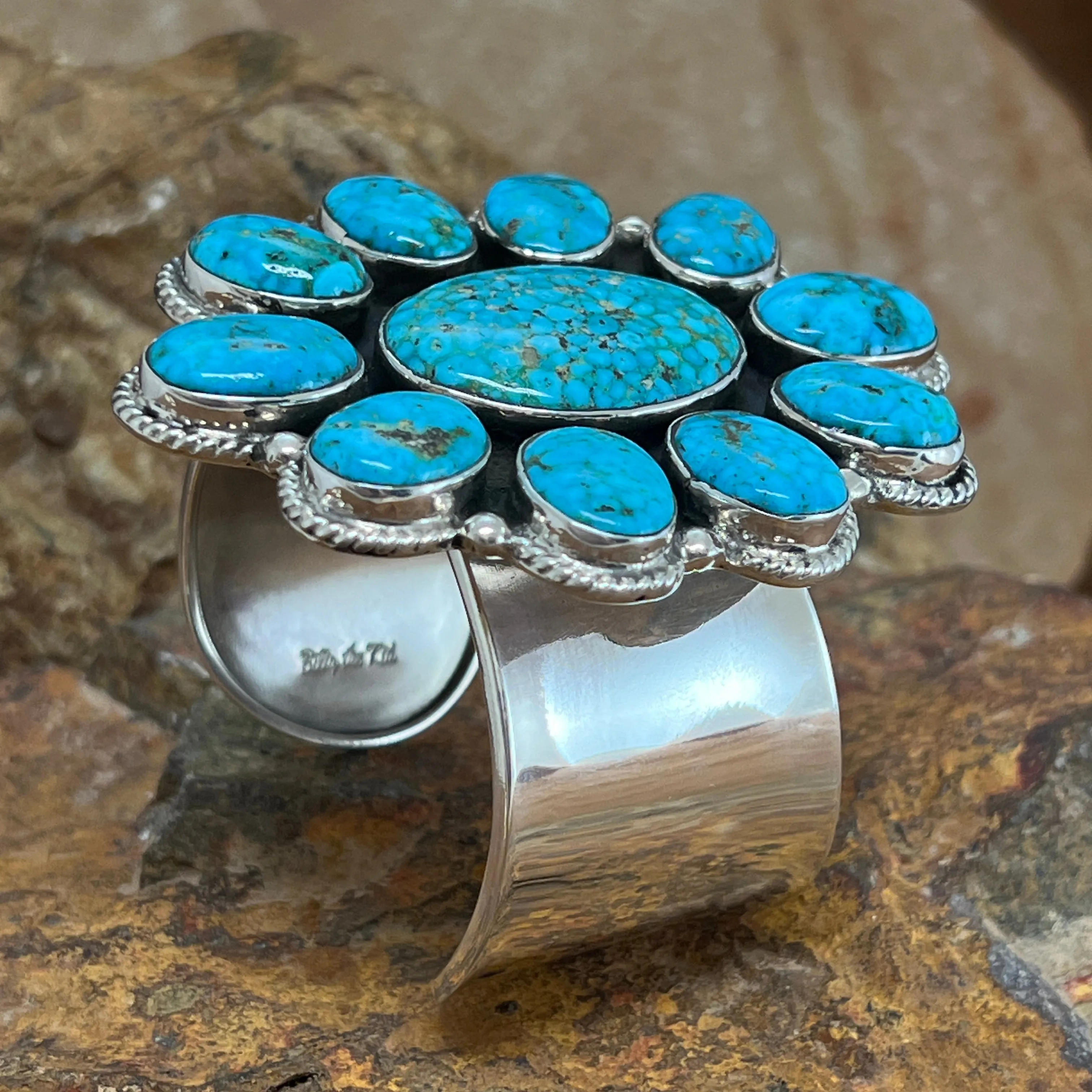 Kingman Web Turquoise Cluster Sterling Silver Bracelet by Billy Jaramillo