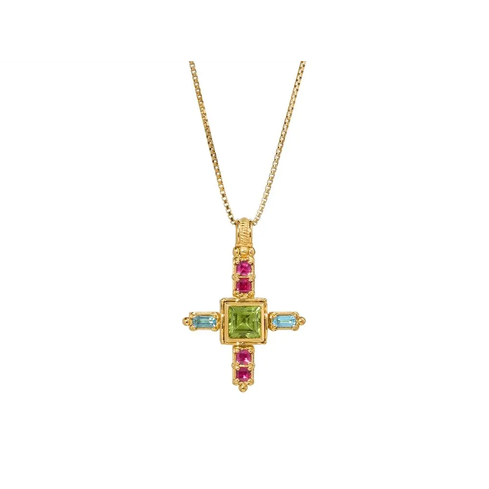 Konstantino Alexandria 18K Yellow Gold Cross Pendant with Peridot, Ruby, and Swiss Blue Topaz