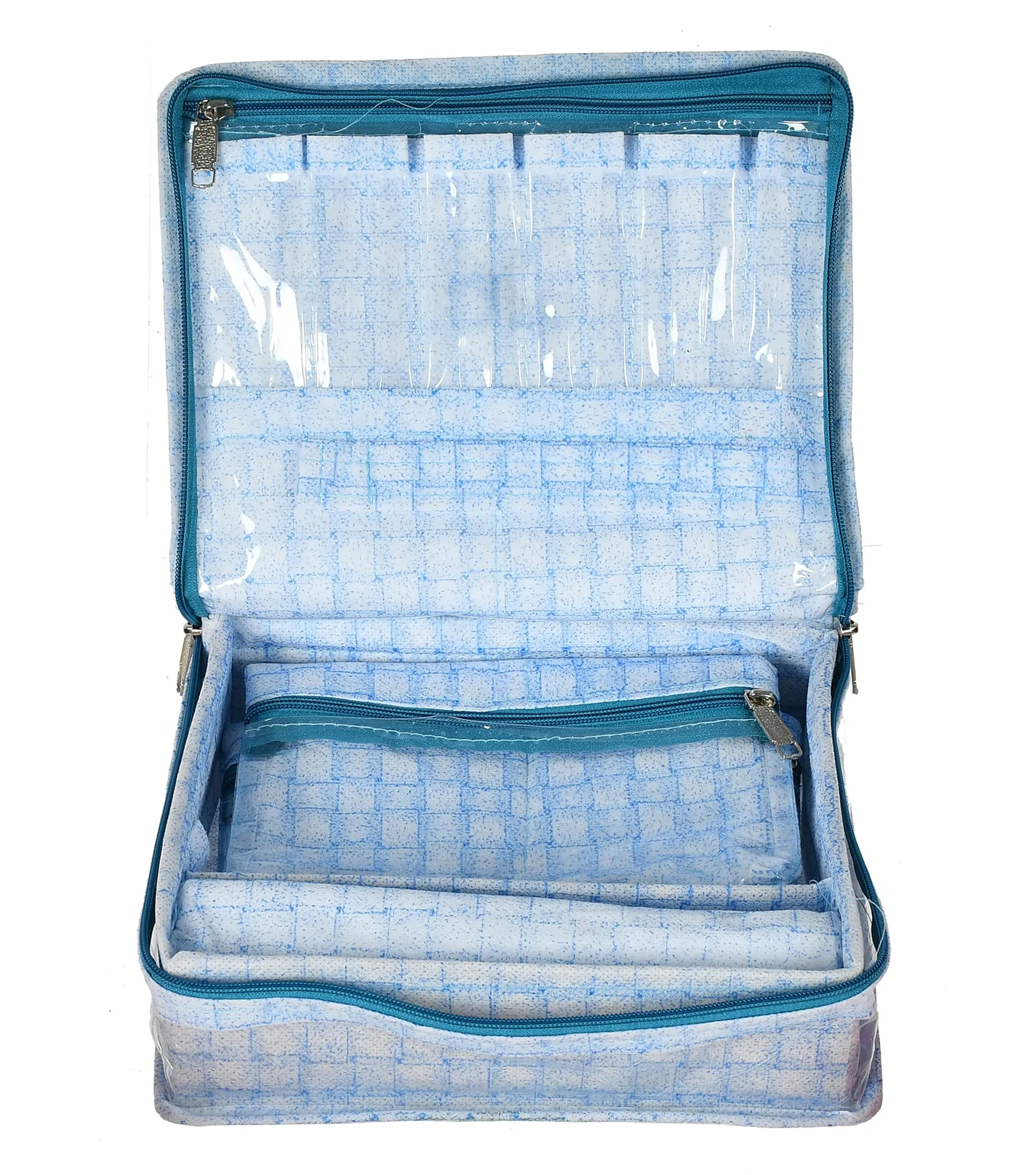 Kuber Industries Check Design Laminated PVC Jewellery Box/Organizer with 4 Transparent Pouch & 1 Bangle/Watch Rod (Blue)-HS_38_LUGGAGE21274