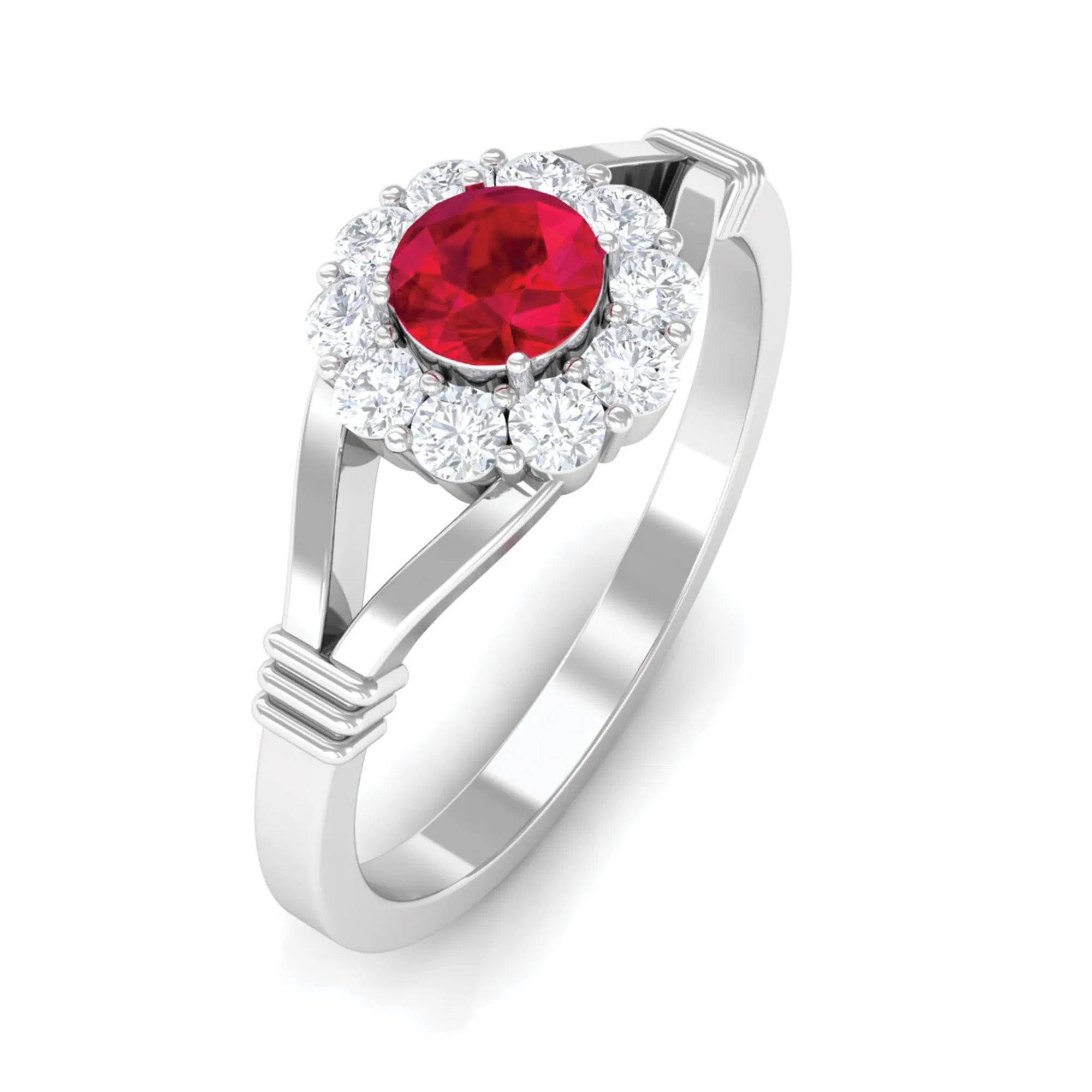 Lab Grown Ruby Split Shank Ring with Diamond Halo