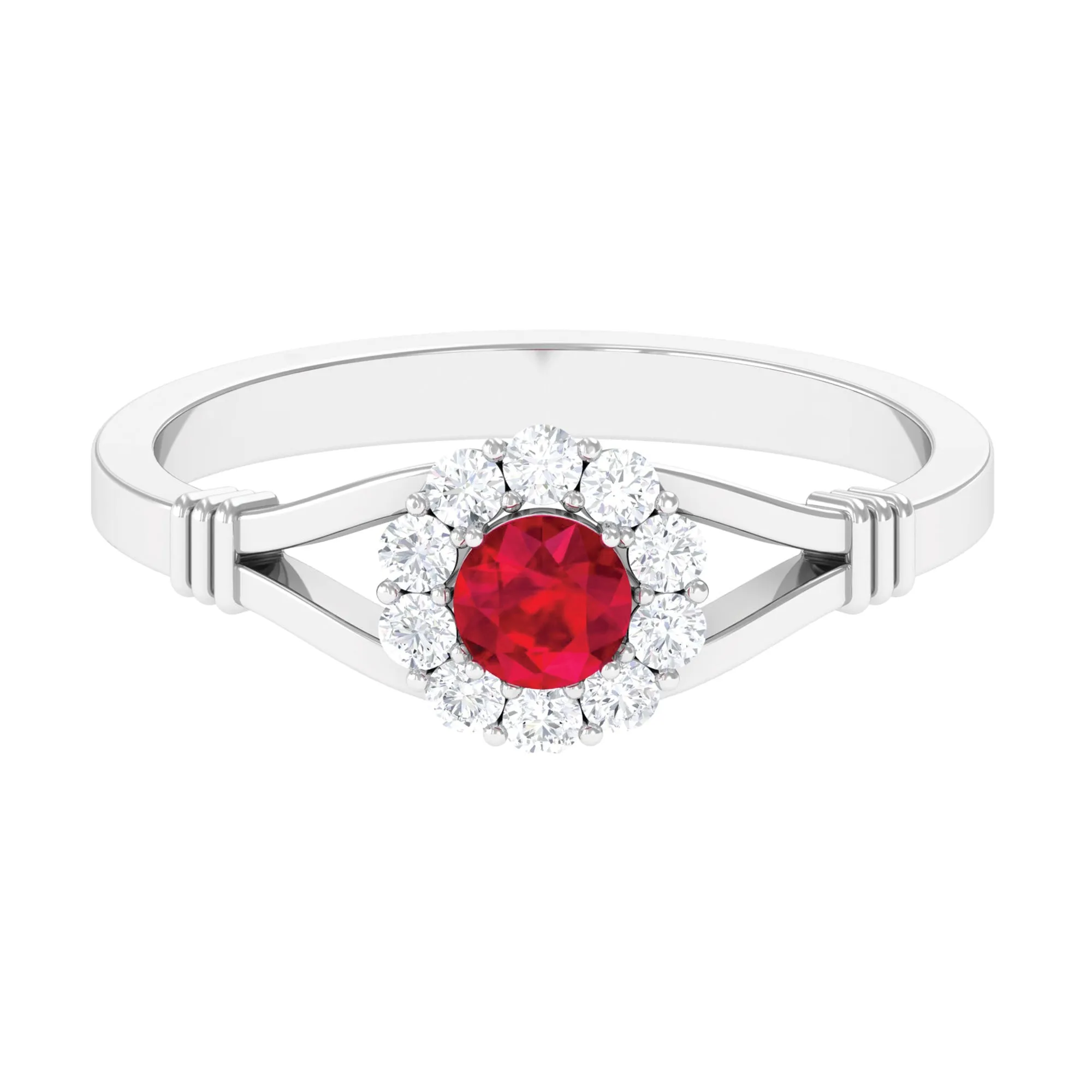 Lab Grown Ruby Split Shank Ring with Diamond Halo